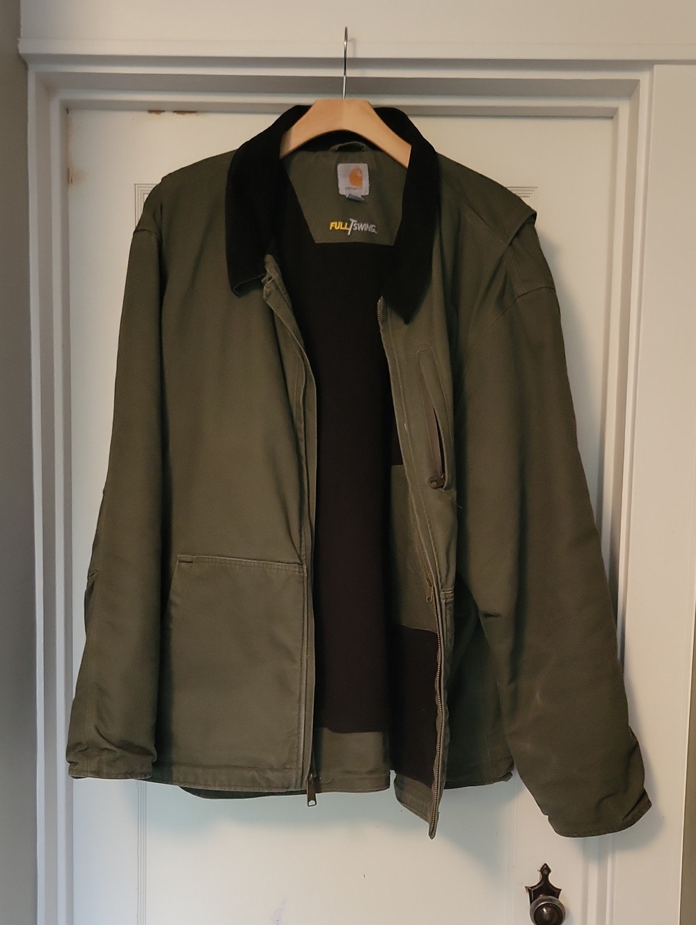 Carhartt Olive Green Work Jacket with Black Corduroy Collar